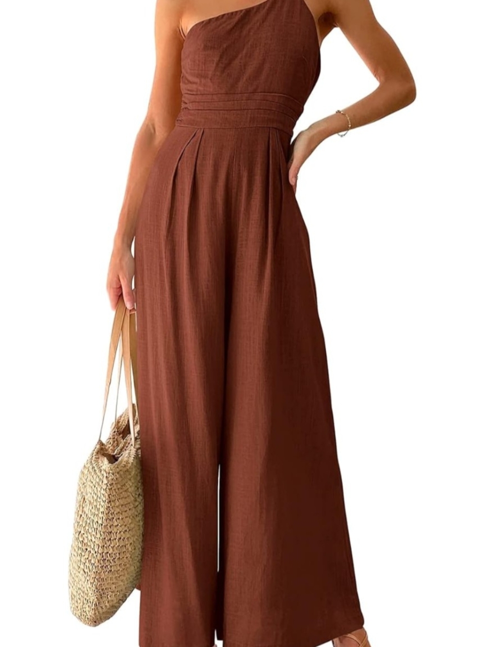 Women’s One-Shoulder Wide-Leg Jumpsuit - Brown